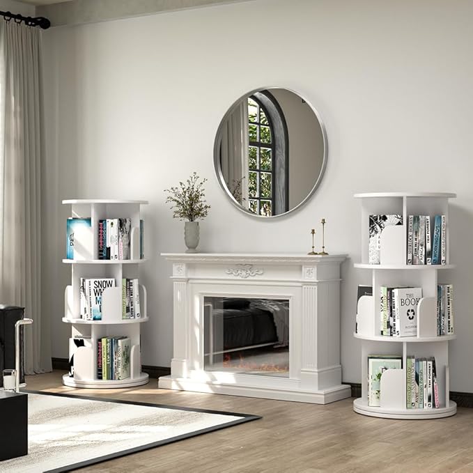 Nidouillet Rotating Bookshelf, Revolving Bookcase 360 Display Round Bookshelf Narrow Swivel Corner Book Shelf Standing Bookcase for Adult Bedroom, Living Room (White, 3 Tier)