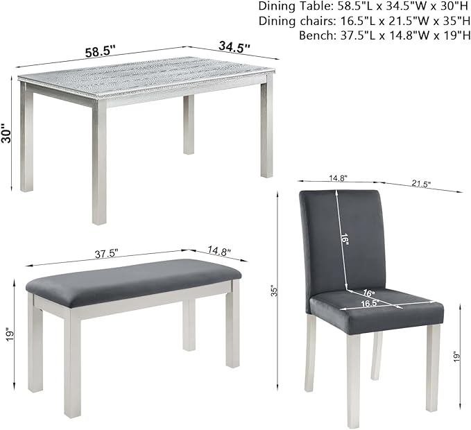 Dining Table Set for 5, 6 Piece Dining Room Table Set with Rectangular Crystal Decoration Table, 4 Upholstered Backrest Chairs and Bench, Counter Height Kitchen Sets with MDF Tabletop, Grey