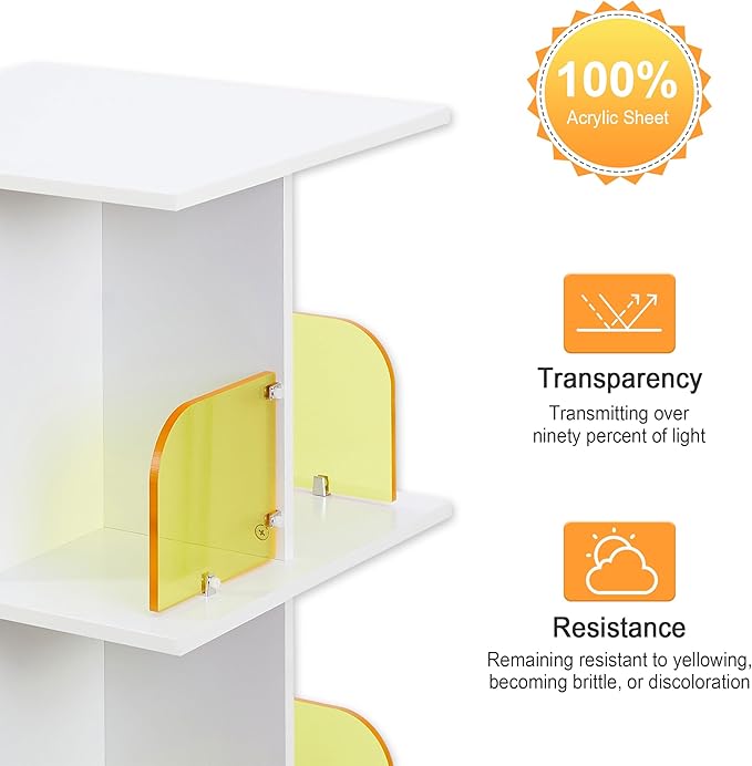 VECELO 4-Tier Rotating Bookshelf on Wheels, Revolving Bookcase Tower, Mobile Book Rack with Acrylic Windows, Narrow Rolling Bookshelves for Small Space, Corner, Bedroom, Office, White