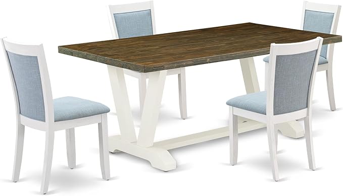 East West Furniture V077MZ015-5 5 Piece Dining Set Includes a Rectangle Dining Room Table with V-Legs and 4 Baby Blue Linen Fabric Upholstered Parson Chairs, 40x72 Inch, Multi-Color