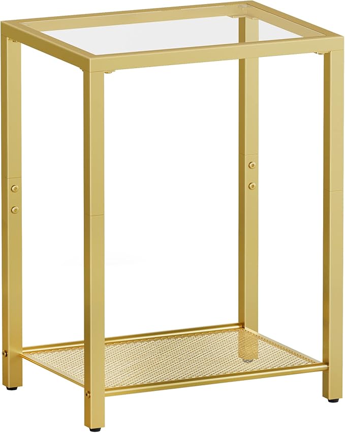 HOOBRO Side Table, 2-Tier End Table, Nightstand for Tight Spaces, Tempered Glass Bedside Table, Modern Metal Frame, for Office, Bedroom, Living Room, Study, Gold GD76BZ01