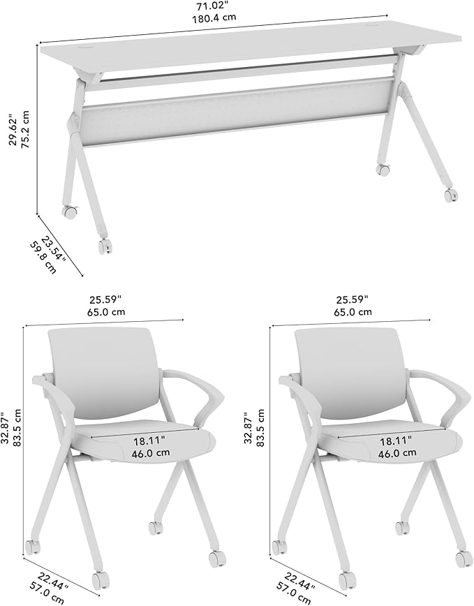 Bush Business Furniture Folding Training Table Set for 2, 72 inch, 2 Mesh Back Folding Chairs with Arms, Commercial-Grade Bundle for Office or Classroom, Envision Collection, White