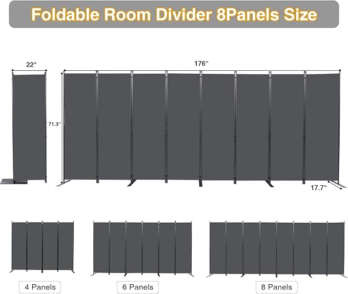 Room Divider, 8 Panel Folding Privacy Screens with Wider Support Feet, 6 Ft Portable Room Partition for Room Separator, 176" W X 71" H, Grey