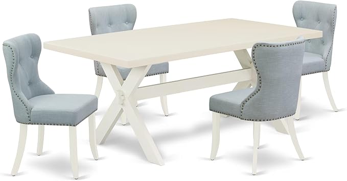 East West Furniture X027SI215-5 5 Piece Dining Room Table Set Includes a Rectangle Dining Table with X-Legs and 4 Baby Blue Linen Fabric Upholstered Parson Chairs, 40x72 Inch, Multi-Color