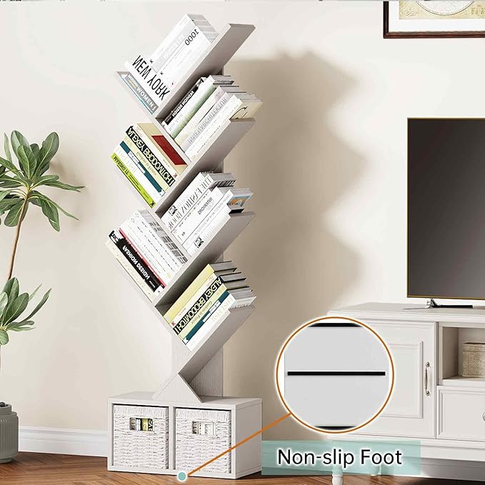 Vagusicc Tree Bookshelf, 6 Tier Bookshelf with Storage, Tall Narrow Bookcase, Rustic Wood Book Storage Rack for CDs/Books, Small Book Organizer Shelves for Bedroom, Living Room, Home Office, White