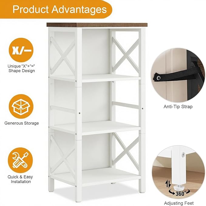 Small Bookshelf,4 Tier Industrial Bookcase with Metal Frame and Backboard,Narrow White Book Shelf,Book case for Small Spaces,Living Room,Bedroom and Home Office