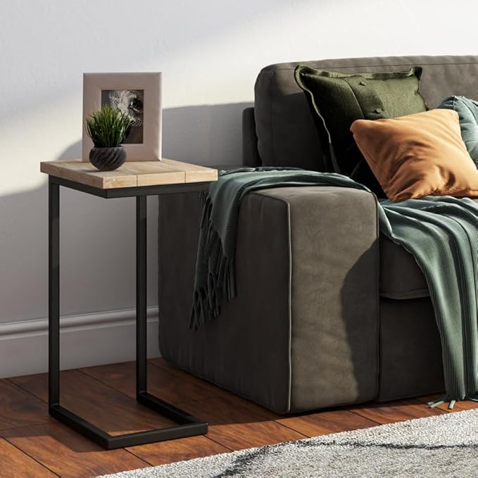 SIMPLIHOME Skyler 18-inch Wide Solid Mango/Metal Industrial C-Shaped End Table in White Wash/Black for Living Room, Office, or Bedroom, Assembled