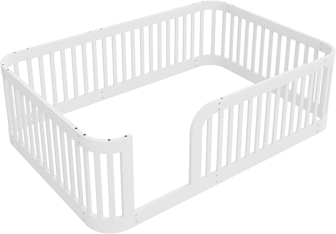 Full Floor Bed with High Fence and Rounded Corner Design, Montessori Floor Bed Frame with Guardrail and Entrance, Easy Assemble Montessori Bedd Full Size, White
