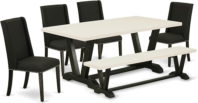 East West Furniture V627FL624-6 6 Piece Dining Room Table Set Contains a Rectangle Kitchen Table with V-Legs and 4 Black Linen Fabric Parson Chairs with a Bench, 40x72 Inch, Multi-Color