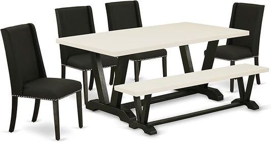East West Furniture V627FL624-6 6 Piece Dining Room Table Set Contains a Rectangle Kitchen Table with V-Legs and 4 Black Linen Fabric Parson Chairs with a Bench, 40x72 Inch, Multi-Color