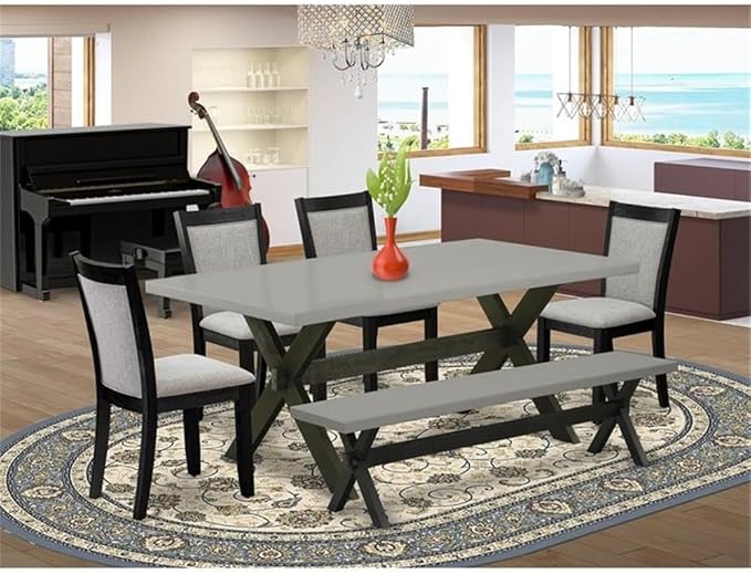 East West Furniture X697MZ606-6 6 Piece Dinette Set Contains a Rectangle Dining Table with X-Legs and 4 Shitake Linen Fabric Parson Chairs with a Bench, 40x72 Inch, Multi-Color