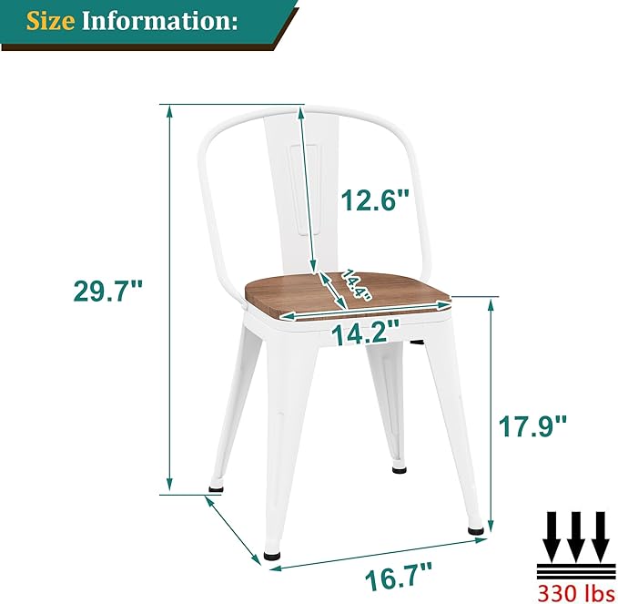 18 Inch Metal Dining Chairs,Arlunar Farmhouse Chairs Set of 4 White Dining Room Chairs Stackable with Back and Wooden Seat bar stools