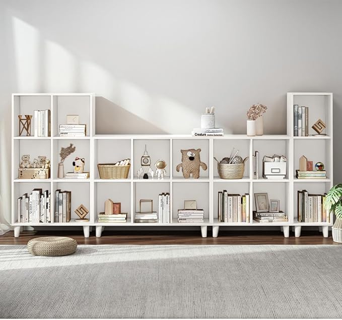 IOTXY Open Cube Low Bookcase - 3-Tier Freestanding Storage Display Cabinet Organizer with Legs for Home Office, 9-Cubes Open Shelf Short Bookshelf, White