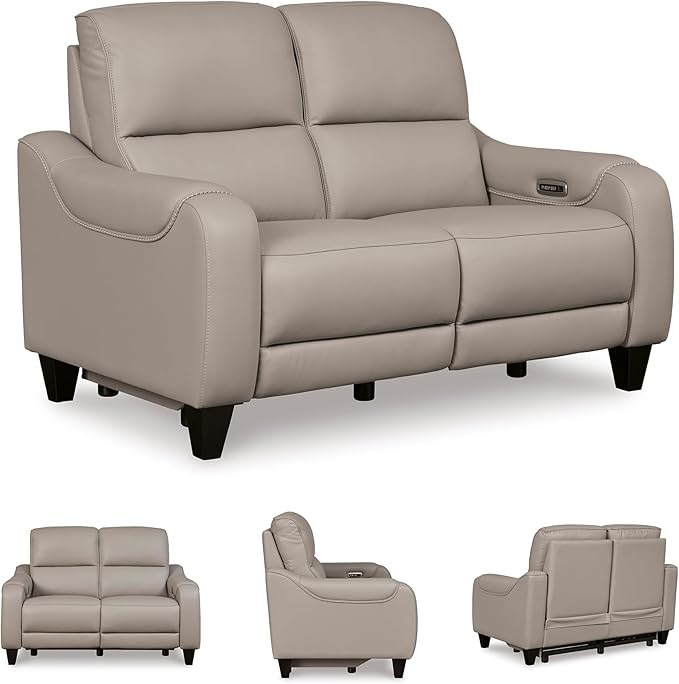 Signature Design by Ashley Mercomatic Casual Leather Match Wall Hugger Power Reclining Loveseat with Adjustable Headrest and USB Ports, Light Gray