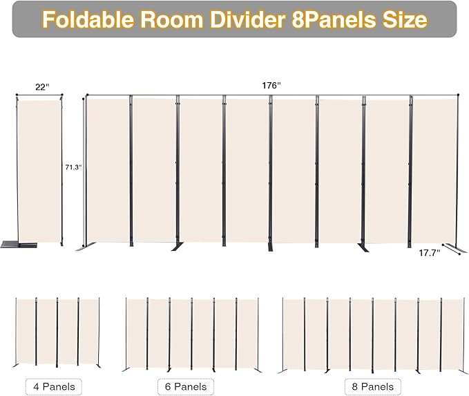 Room Divider, 8 Panel Folding Privacy Screens with Wider Support Feet, 6 Ft Portable Room Partition for Room Separator, 176" W X 71" H, Beige