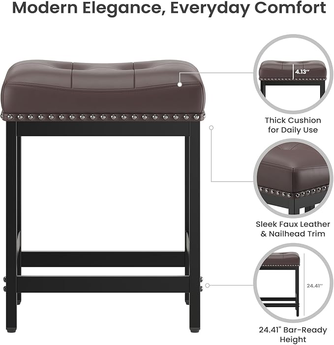 MALOL Set of 6 Saddle Bar Stools Counter Height 24.4”, Backless Barstools for Kitchen Island, Modern PU Leather Cushioned Seat, Bar Chairs for Kitchen Counter, Breakfast Bar Stools for Home,Brown