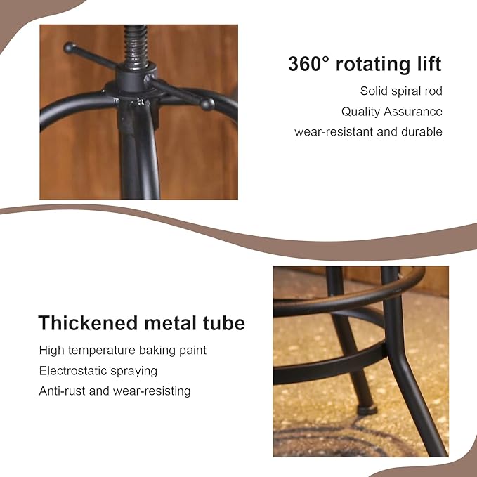 LOKKHAN Industrial Bar Stool-26-32 Inch Adjustable Swivel Round Wood Metal Kitchen Stool Rustic Farmhouse Counter Height Extra Tall Bar Height Stool-Arc-Shaped Backrest,Welded,Set of 2