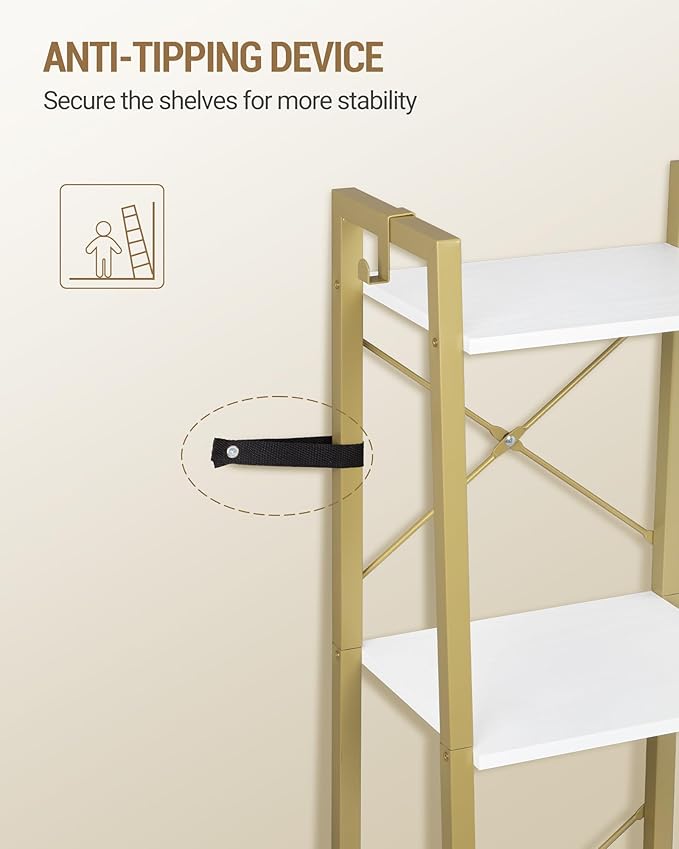 Ladder Shelf, Bookshelf Bookcase, Freestanding Corner Storage Shelve with 2 Hooks for Home Office, Living Room, Kitchen, Bedroom, Industrial, 4-Tier White Gold BC13213G