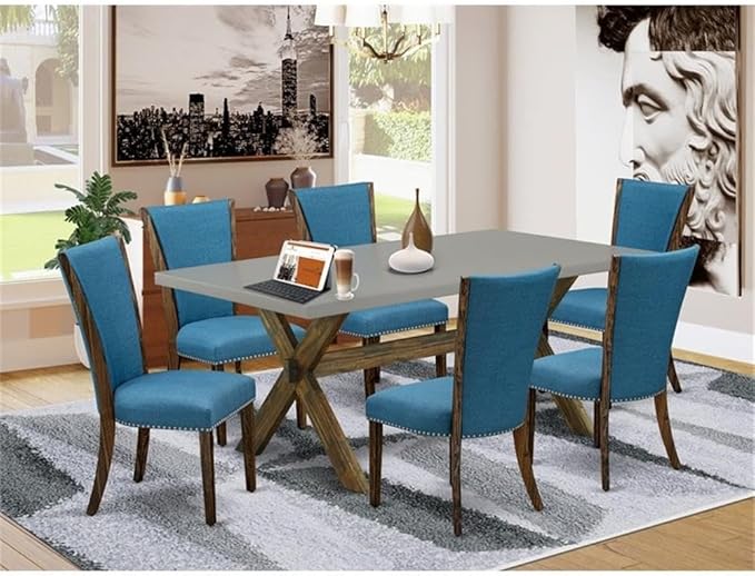 East West Furniture X797VE721-7 7 Piece Modern Dining Table Set Consist of a Rectangle Wooden Table with X-Legs and 6 Blue Color Linen Fabric Parson Dining Chairs, 40x72 Inch, Multi-Color