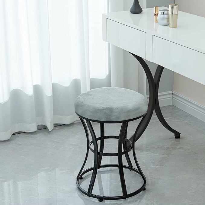 Vanity Stool, Grey Stools for Makeup Room, Round Ottoman Foot Stool, Velvet Footrest Vanity Chair for Bathroom, Bedroom, Living Room Furniture, Entryway, Offices
