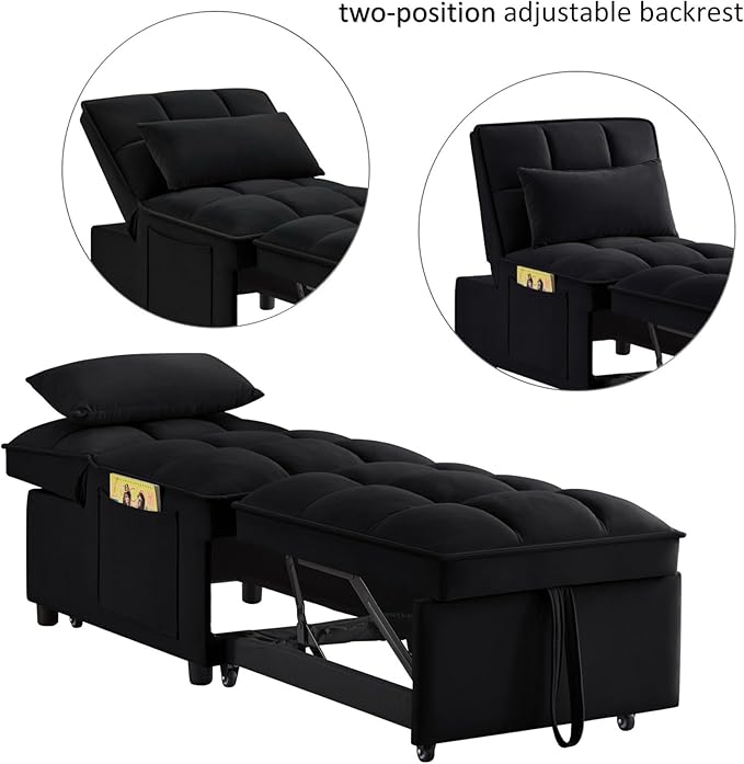 KEIKI Velvet Single Convertible Sleeper Chair Sofa Bed with Adjustable Backrest, Pillows & Storage Pockets, 3 in 1 Pull-Out Couch Chaise Lounge Recliner for Living Room Balcony Bedroom, Black