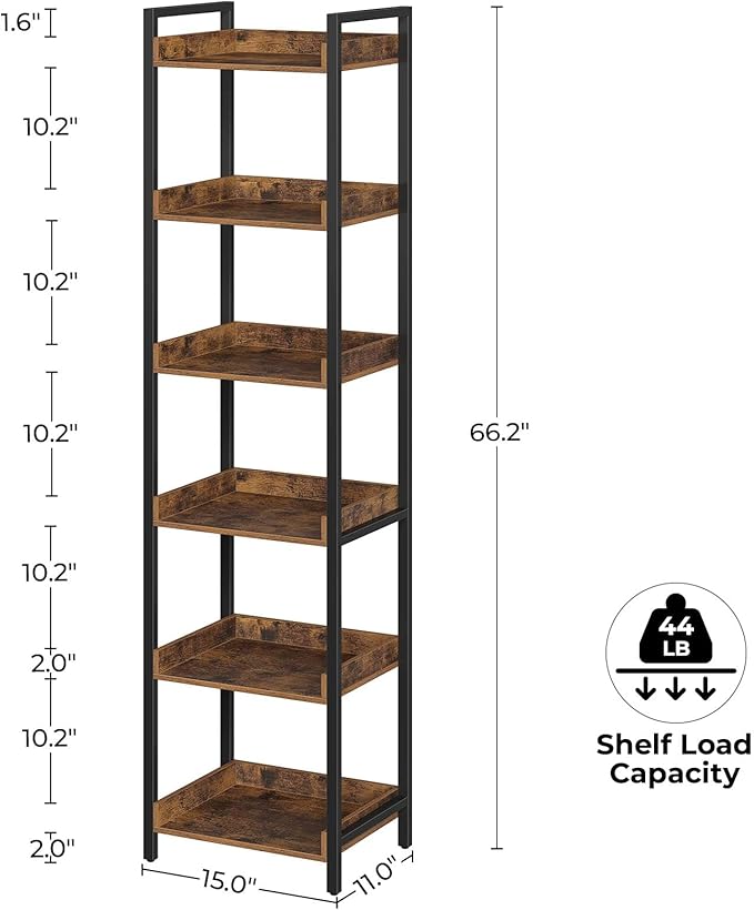 Rolanstar Bookshelf, 6-Tier Storage Rack, Narrow Corner Bookshelf, Display Wooden Shelves for Living Room, Bathroom, Balcony, Kitchen,Rustic Brown