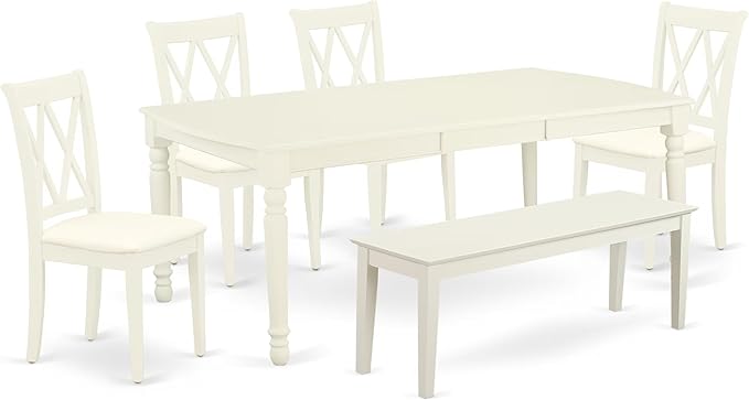 East West Furniture DOCL6-LWH-C 6 Piece Modern Dining Table Set Contains a Rectangle Wooden Table with Butterfly Leaf and 4 Linen Fabric Dining Chairs with a Bench, 42x78 Inch, Linen White