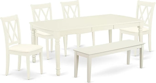 East West Furniture DOCL6-LWH-C 6 Piece Modern Dining Table Set Contains a Rectangle Wooden Table with Butterfly Leaf and 4 Linen Fabric Dining Chairs with a Bench, 42x78 Inch, Linen White