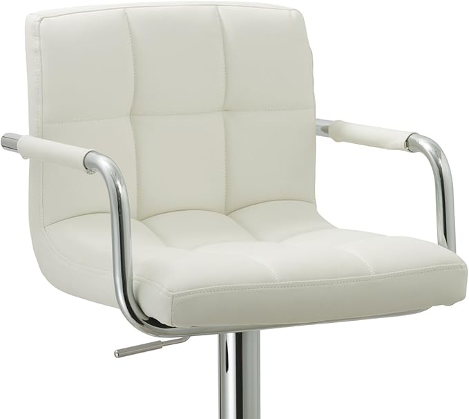 AC Pacific Contemporary Adjustable Swivel Kitchen Bar Stool Chair with Cushion and Armrest, 24"-33", White