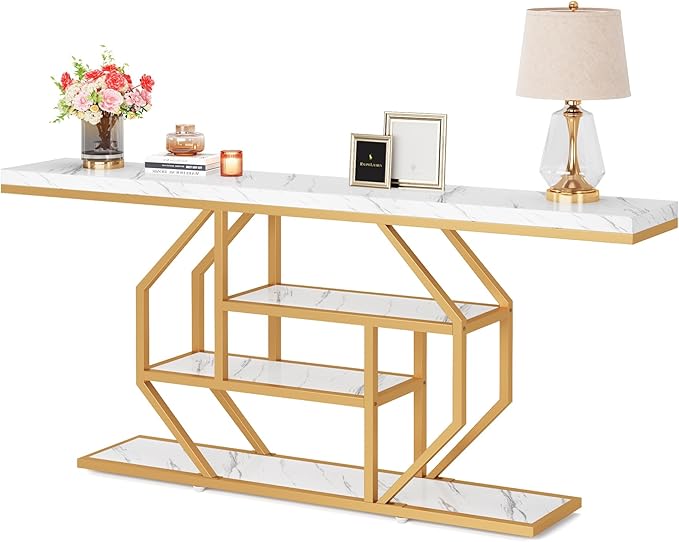 Tribesigns 70.9 inch Extra Long Console Table, Modern Gold Sofa Table Behind Couch with Storage, 4 Tier Entryway Accent Table for Living Room, Hallway, Entrance, Faux Marble White