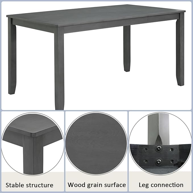 Dining Table Set for 5, 6-Piece Kitchen Table & Chairs Set with Rectangular Table, Bench & 4 Upholstered Chairs, 58'' Dinner Set with Rubber Wood Legs & Curved Backrest for Kitchen, Gray