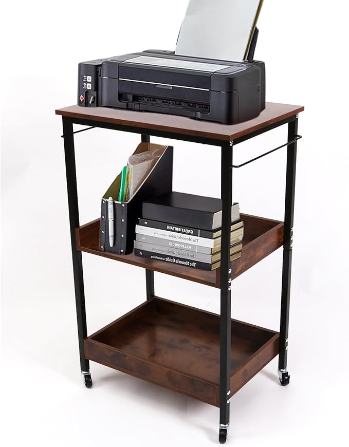 3-Tier Rolling Utility Cart with Table Top- Wooden Utility Cart wit Wheels- Kitchen Storage Microwave Table Stand, Mesh Shelves, for Living and Kitchen Room Office (Brown)