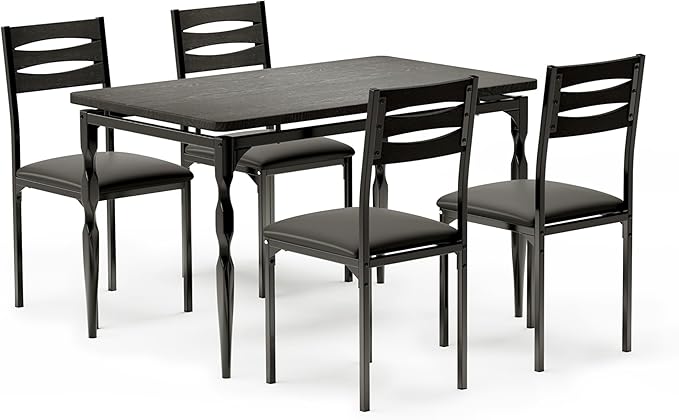 GarveeHome 5 Piece Dining Table Set, Industrial Style Dining Table and Chairs Set for 4, Kitchen Table Set for Dining Room Kitchen Apartment, Black