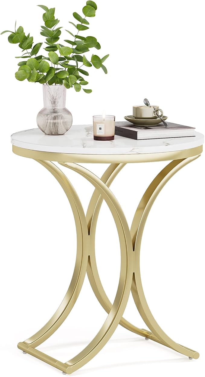 LITTLE TREE Side Table Round End Table Modern Small Accent Table Bedside Table Round Nightstand with Gold Metal Frame and Faux Marble Veneer Engineered Wood for Living Room, White Gold