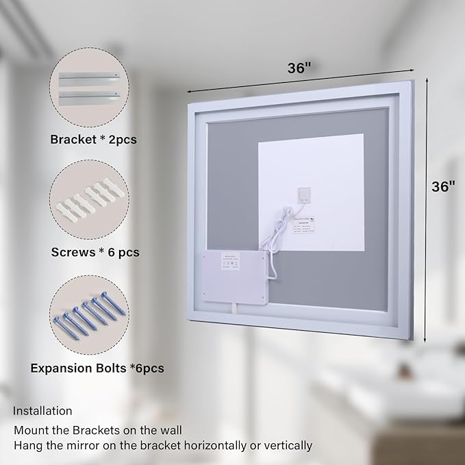 36x36 LED Bathroom Mirror, Backlit + Front Lit, LED Bathroom Mirror with Lights for Wall, 3 Colors, Anti-Fog, Dimmable Brightness, Memory Function, Tempered Glass