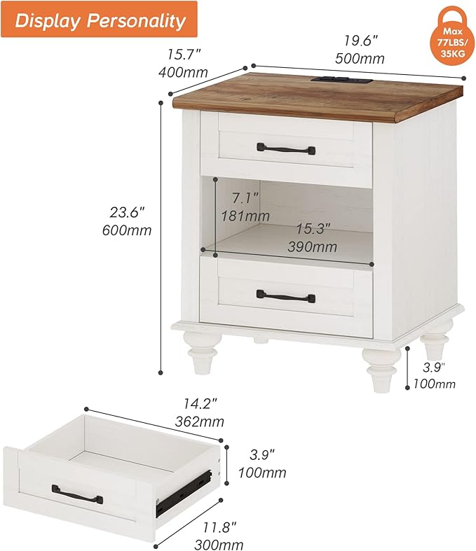 WAMPAT Set of 2 Nightstands with Charging Station & 2 Drawers, Mid Century Modern End Tables Side Table for Living Room, White Wooden Nightstand Bedside Table for Bedroom & Dorm