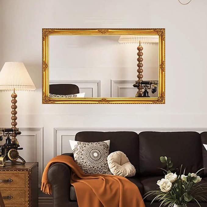 Vintage Wall Mirror, 31" x 19" Decorative Antique Mirror for Bathroom, Entryway, Bedroom with Gold Ornate Baroque Wood Frame