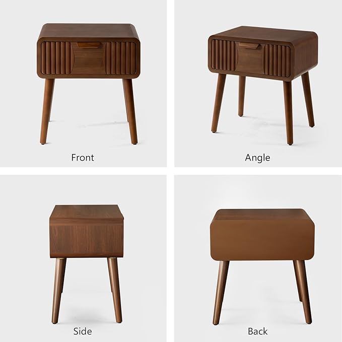 COSIEST Mid Century Modern Nightstands Set of 2, MCM Vintage Bedside Tables with Storage Drawers, Wood End Tables for Bedroom, Living Room (Brown, Striped Pattern)