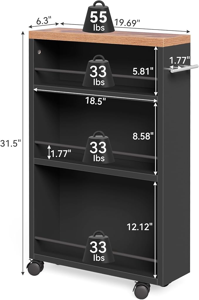 LITTLE TREE Slim Rolling Storage Cart, 3 Tier Snack Cart with Wheels for Kitchen, 6.3 Inch Wide Bathroom Organizer Shelves, Wooden Utility Cart for Laundry Room, Black