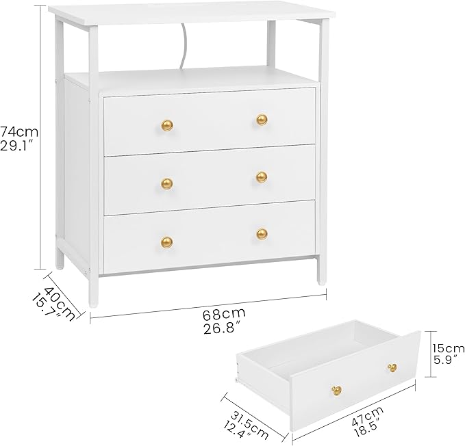 3 Wooden Drawers Nightstand, 27 Inch Wide Night Stand Set 2 with Charging Station and Adjustable Drawers, Bedside Table for Living Room/Bedroom/Office, White.