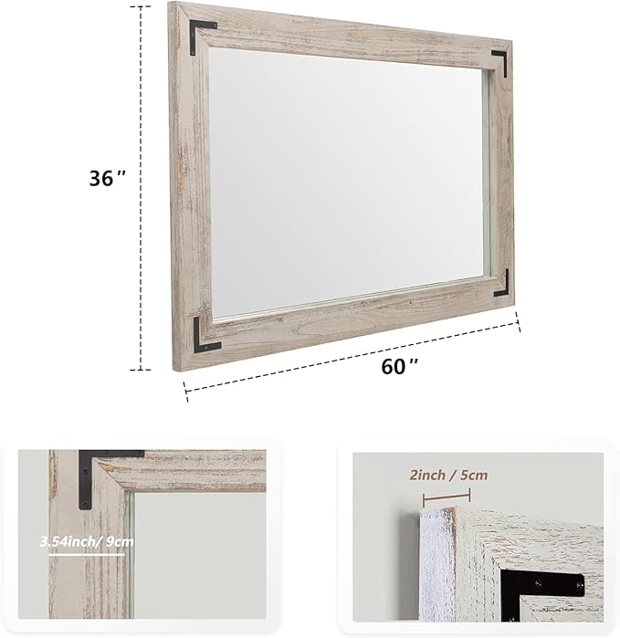 YOSHOOT Rustic Wooden Framed Wall Mirror, Natural Wood Bathroom Vanity Mirror for Farmhouse Decor, Vertical or Horizontal Hanging, 60" x 36", Grey