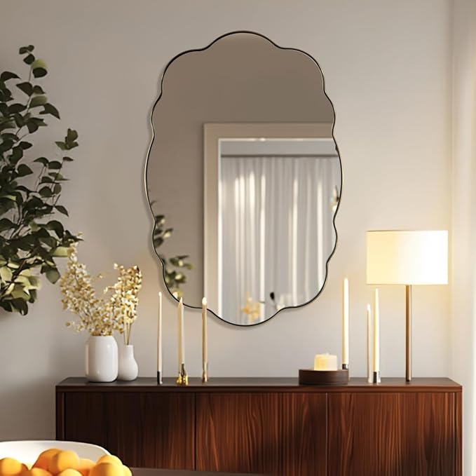 ANDY STAR Brushed Gold Scalloped Mirror - 24x32 Bathroom Mirror, Vintage Oval Wavy Wall Mirror, Brass Anti-Rust Stainless Steel Frame, Hang Vertical or Horizontal