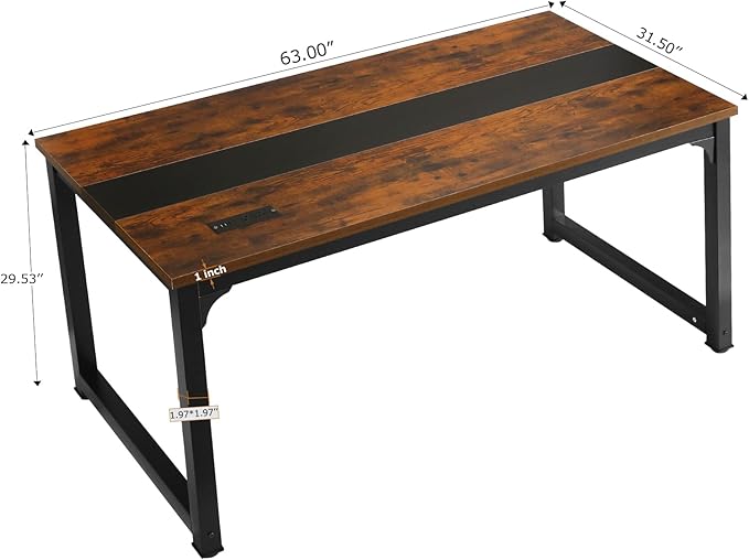 Large Computer Desk - 63 Inch Home Office Desks Study Student Writing Table Gaming Desk Wood Modern Simple Table with USB Ports, Rustic + Black