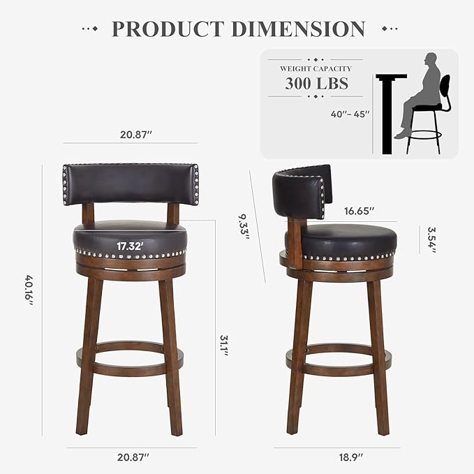 COLAMY Swivel Bar Stool, Swivel Bar Height Bar Stool, Modern Swivel Barstool with Back, Upholstered Wood Barstool for Kitchen Island Dining Room Bar, Dark Brown, FM-4840-30-DarkBrown-L