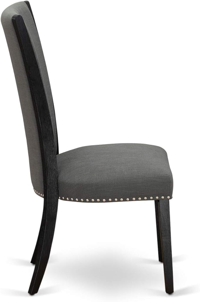 East West Furniture VEP6T50 Verona Parson Dining Chairs - Nailhead Trim Dark Gotham Linen Fabric Padded Chairs, Set of 2, Wirebrushed Black