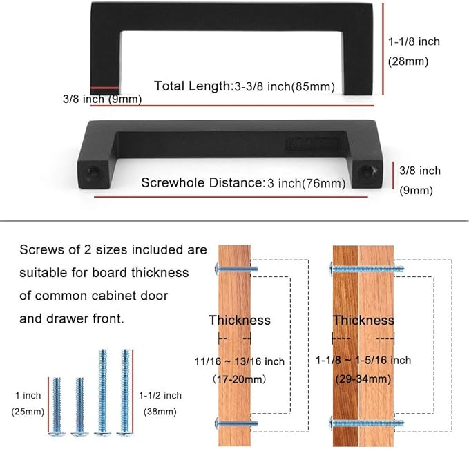 KOOFIZO Solid Square Bar Cabinet Handle - Black Furniture Pull, 3 Inch/76mm Screwhole Distance, 10-Pack for Kitchen Cupboard Door, Bedroom Dresser Drawer, Bathroom Wardrobe Hardware