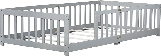 Bellemave Twin Floor Bed with Slats and Safety Guardrails, Kids Montessori Floor Beds with Fence and Without Door, Easy Assemble Floor Bed for Kids, Girls, Boys, Gary