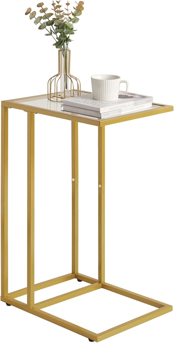 YMYNY C-Shaped End Table, Tempered Glass Sofa Side Table, nightstand for Small Place,Coffee Table for Hallway Office Bedroom Living Room, Metal Frame, Gold, 24.8 * 15.75 * 11.8" UHGD001G