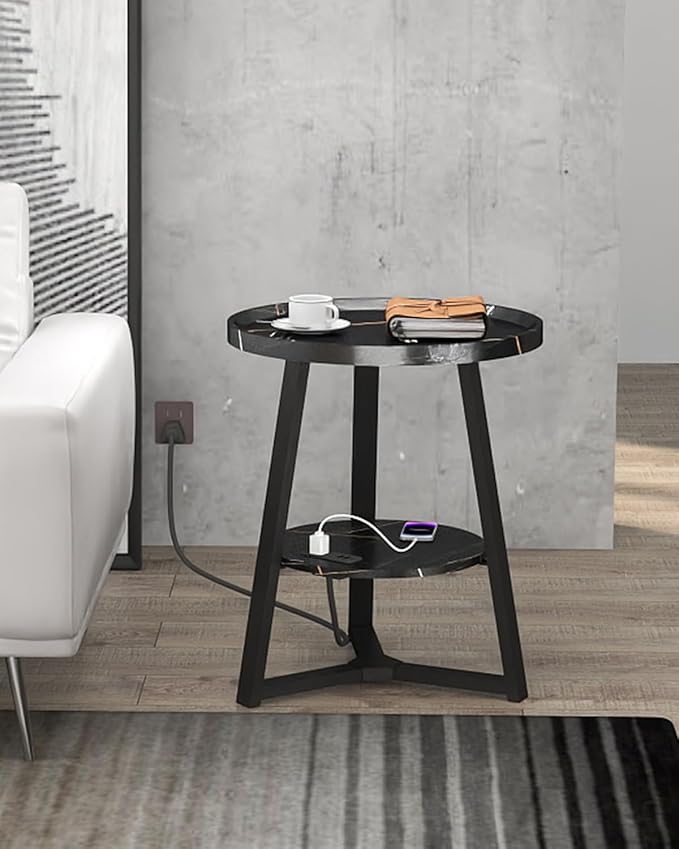Round End Table with Charging Station, 19.7" Dia x 23.63" H, Side Table with Storage Shelf, for Living Room, Bedroom, Faux Marble Top, Black
