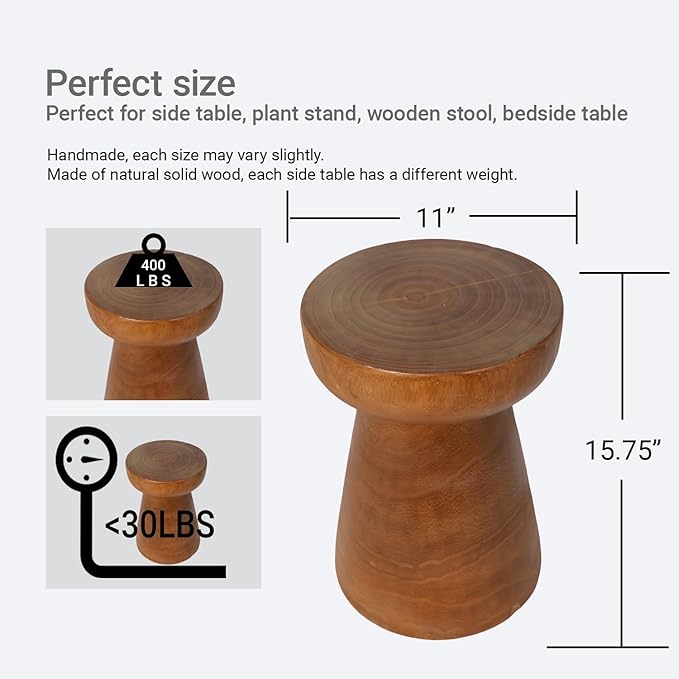 Athaliah Small Rustic Wooden Side Table – 15.75″H Tree Stump Accent Table, Handcrafted Solid Paulownia Wood, Natural Grain Farmhouse Decor for Living Room & Bedroom